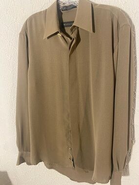 Marquise Olive-Taupe Button Down Dress Shirt. Size Small lightweight sheer